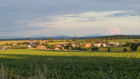 Panoramic view of a village in the countryside in Silesiaの写真素材