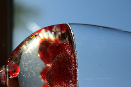 Close up of a glass of red wine with ice cubes and bubbles