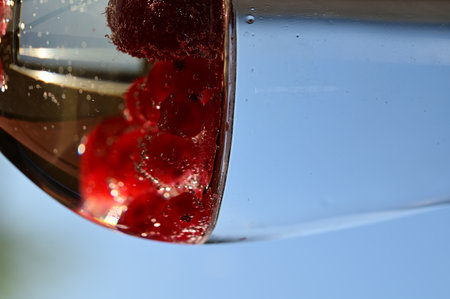 Red currant in a glass of water on a background of blue skyの写真素材