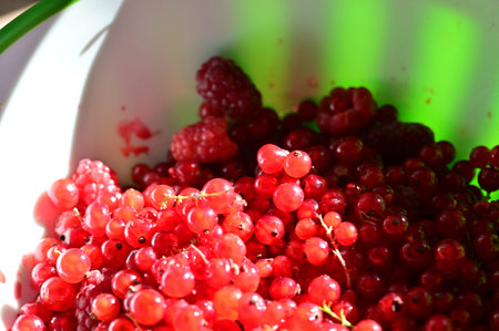 Red currant in a bowl on a green background, close-up
