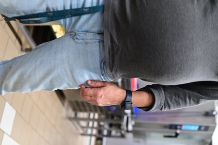 Man in a subway station, close-up view of the handsの写真素材