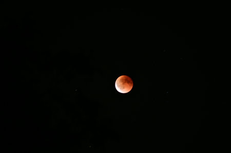 Lunar eclipse over HnÄvoÅ¡ice, Silesia, Czech Republic, on a clear night of September 7, 2025. The moon is partially covered by the Earth's shadow, creating a stunning celestial pheの写真素材