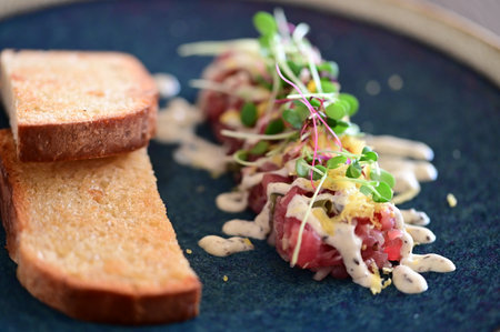 Beef tartare with green sprouts, radish and mayonnaiseの写真素材