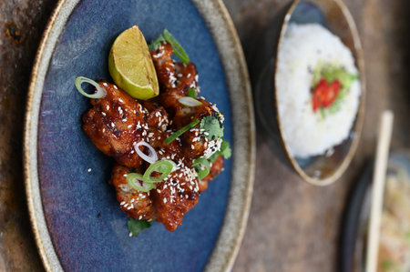 Thai style spicy chicken with rice and vegetables on the plate.