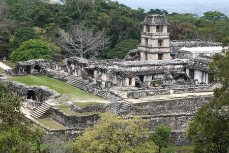The Palace observation tower. Ruins of Palenque in the Mayan city in Chiapas. Building of Mayan...