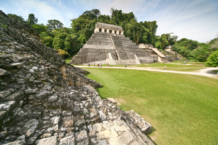 Temple of the Inscriptions. Ruins of Palenque in the Mayan city in Chiapas. Building of Mayan origin rises out of the jungle.の写真素材
