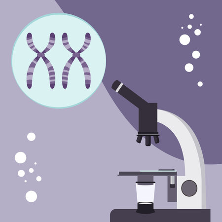 Microscope and dna chromosomal research. Science vector flat illustration.のイラスト素材