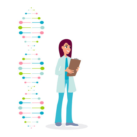 Female doctor with clipboard and DNA structure. Vector illustration in flat styleのイラスト素材