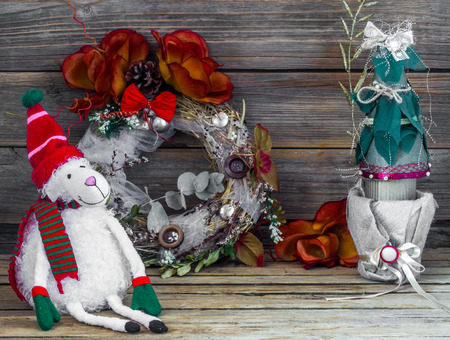 Christmas background, gifts, toys on wooden backgroundの写真素材
