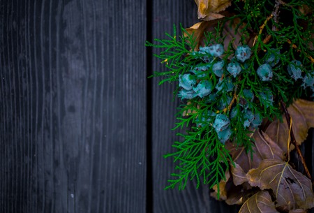 Autumn on a beautiful wooden background. Autumn leaves. Background for design. Front view with copy space.の写真素材