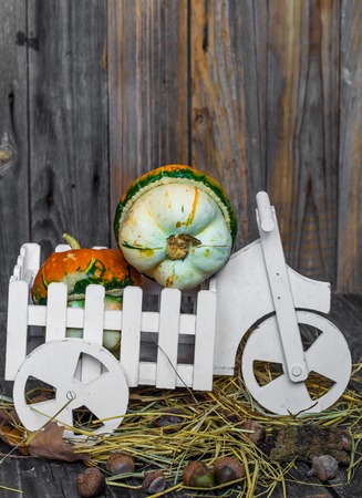 small pumpkin on wooden background, autumn, scattered leaves and acornsの写真素材