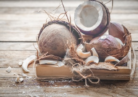 still life with coconut and coconut on wooden backgroundの写真素材