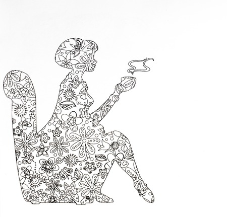 colouring book,Cup of tea,a girl with a Cup in hand on white background , concept of anti stressの写真素材