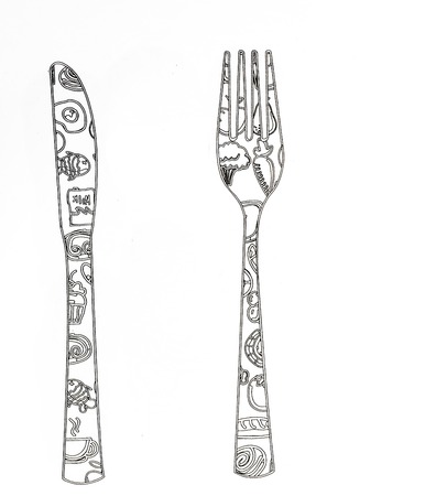 coloring pages for adults kitchen Cutlery on white background , concept of anti stressの写真素材