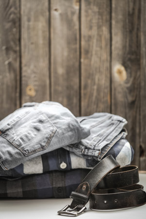 folded men's shirt in the box and the belt with jeans on wooden background ,concept of style and fashionの写真素材