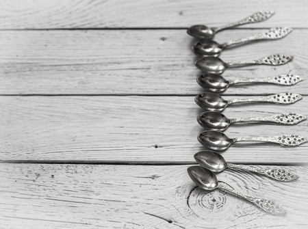 beautiful vintage Cutlery on white wooden backgroundの写真素材