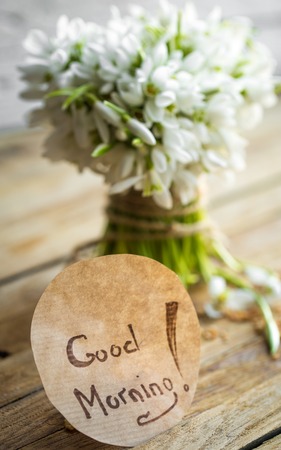 a bunch of beautiful delicate snowdrops and the words good morning on a round piece of paper lies on a wooden background concept of spring and flowers.の写真素材