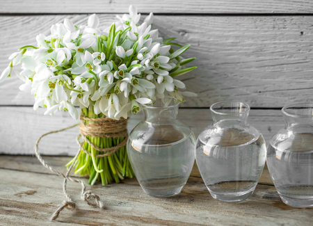 bouquet of beautiful snowdrops in a little glass vase on wooden background ,concept of spring and flowersの写真素材