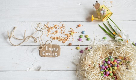 Ingredients Easter and chocolate eggs on white wooden table,holiday concept and preparationの写真素材