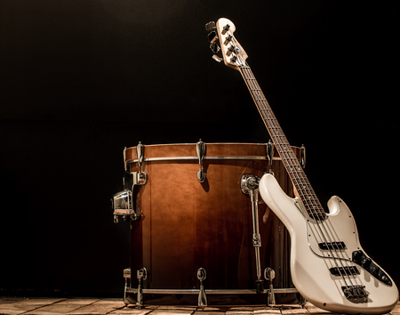 musical instruments, drum bass Bochka bass guitar on a black backgroundの写真素材
