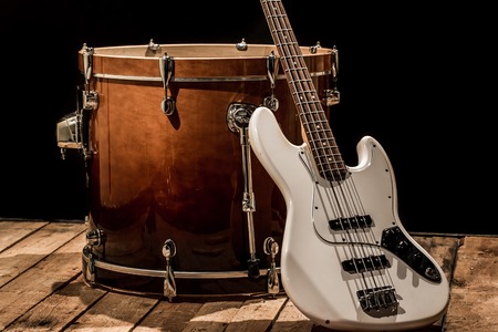 musical instruments, drum bass Bochka bass guitar on a black background, the music conceptの写真素材