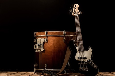 musical instruments, drum bass Bochka bass guitar on a black background, the music conceptの写真素材
