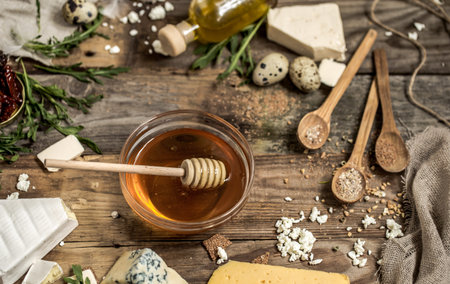 Different types of cheese on wooden background ,composition, delicatessen ,concept and gourmet cheesesの写真素材