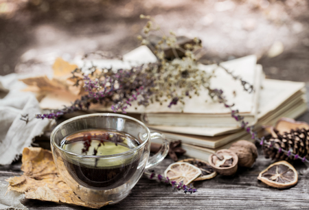 Beautiful transparent Cup of tea with autumn leaves and dried lemon on a wooden pallet on nature backgroundの写真素材