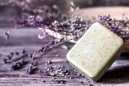 Spa soap handmade robots on wooden background,concept of Spa therapy and relaxationの写真素材