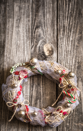 Christmas wreath on wooden background ,Christmas holidays conceptの写真素材
