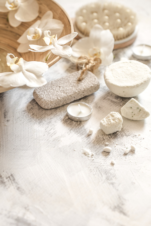 Beautiful Spa composition objects on wooden background ,concept of Spa treatments and relaxationの写真素材