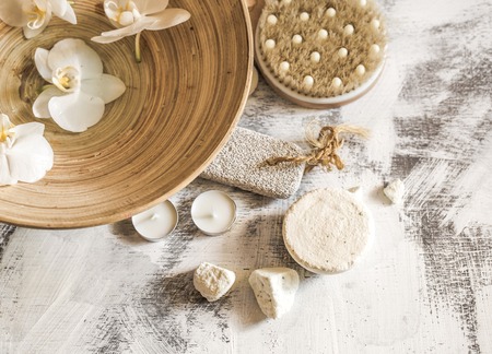 Beautiful Spa composition objects on wooden background ,concept of Spa treatments and relaxationの写真素材
