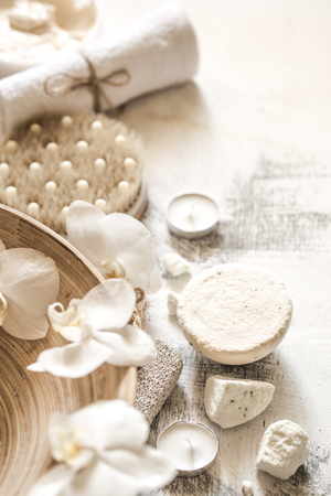 Beautiful Spa composition objects on wooden background ,concept of Spa treatments and relaxationの写真素材