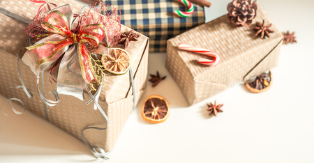 Christmas gift boxes on white background ,Christmas holidays conceptの写真素材
