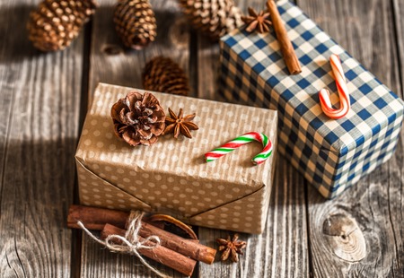 Christmas gift boxes on wooden background ,concept Christmas holidaysの写真素材