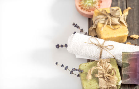 Natural soap Spa set handmade place for text on white background, concept of body care and healingの写真素材