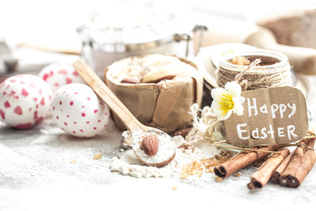 easter cooking still life with elements of cooking Easter cake and eggs
