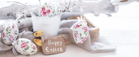 Easter composition wreath on a wooden background, the concept of Easter holidays