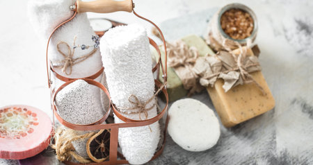 Spa composition with handmade soap in a beautiful stand on a light background