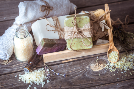Spa still life on a wooden background, the concept of body care and spa treatmentsの写真素材