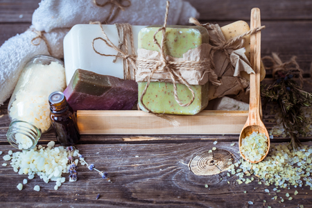 Spa still life on a wooden background, the concept of body care and spa treatmentsの写真素材