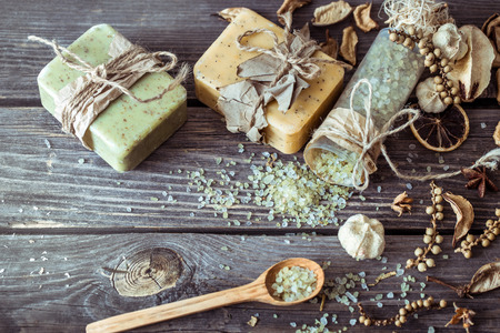 Spa still life on a wooden background, the concept of body care and spa treatmentsの写真素材