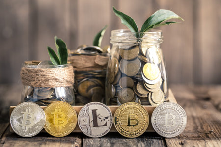 coin Bitcoin and a jar of coins and green growth, growing from above, stand on a wooden background,...