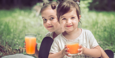 Two little sisters are drinking juice on a background of green natureの写真素材