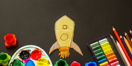 Back to school, school supplies on a black background, the concept of education and school lifeの写真素材