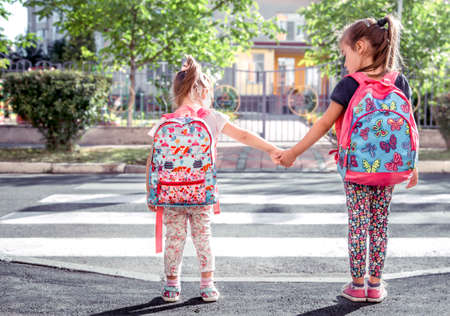 Children go to school, happy students with school backpacks and holding hands together, cross the road, the concept of education with girlsの写真素材