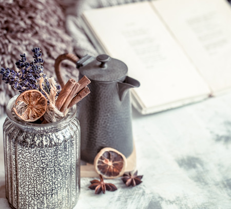 A cup of tea on the table in the interior of the house, the concept of home comfortの写真素材