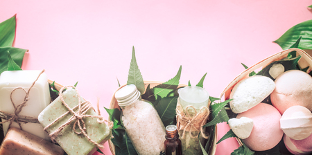 spa composition on a pink background, the concept of relaxation and body careの写真素材