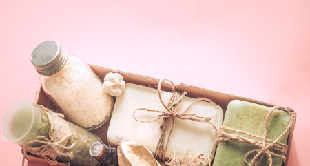 spa composition on a pink background, the concept of relaxation and body careの写真素材