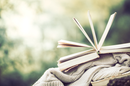 still life with a beautifully opened book and a warm sweater against the background of nature, the concept of education and hobbiesの写真素材